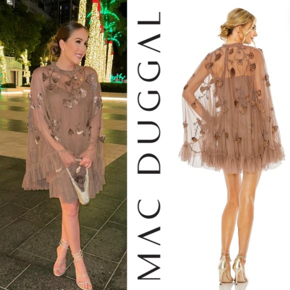 Mac Duggal Dresses & Skirts - Mac Duggal Embellished Long Sleeve Mesh A-Line Cocktail Dress Chocolate Size 10